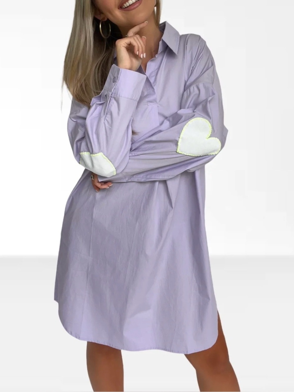 Caryn Lawn Preppy Lavender Oversized Button Up Shirt Dress Heart-Stitch Sleeve